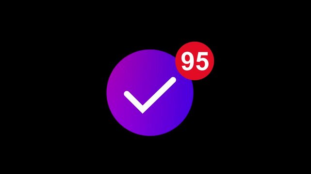 Checkmark notification badge with number 95 on purple circle background. Purple circle with white checkmark and red notification badge.
