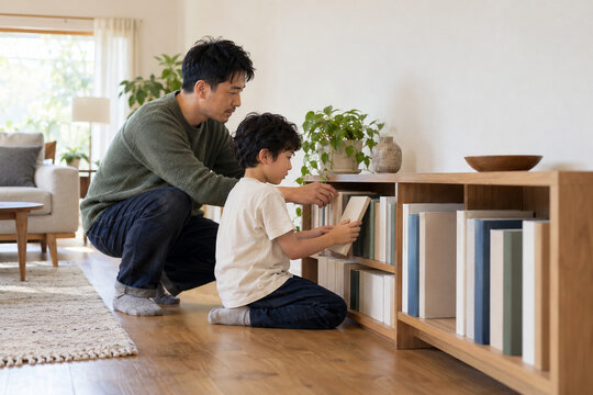 息子と本棚に本を片付ける父親