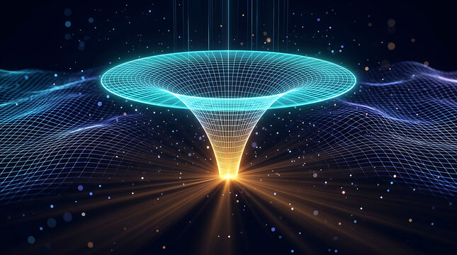 Abstract gravity well and spacetime curvature grid scientific illustration