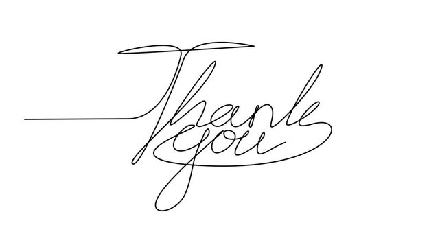 Animated "Thank You" text drawing in continuous one line style. Handwritten calligraphy message of gratitude, appreciation, and farewell on a clean white background.