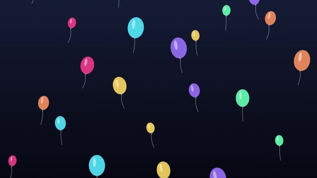 Colorful party balloons floating upwards against a dark blue night sky background