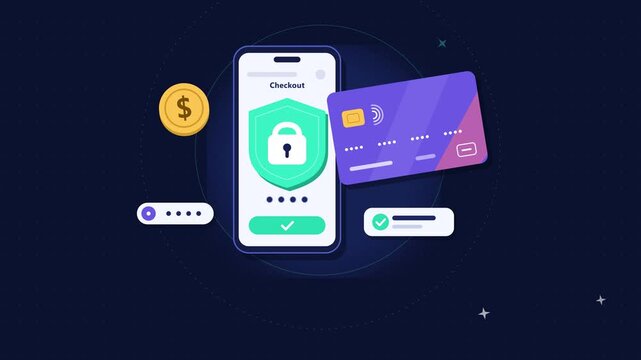 Mobile phone displaying secure payment process with credit card and coin icons in a digital environment