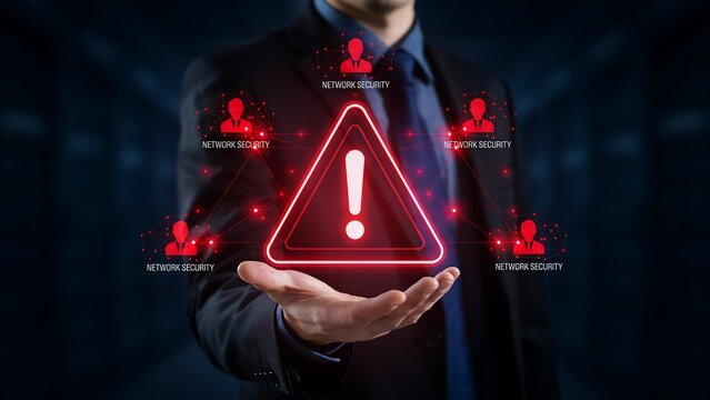 Businessman holding glowing red warning triangle icon with network security text in digital server room environment