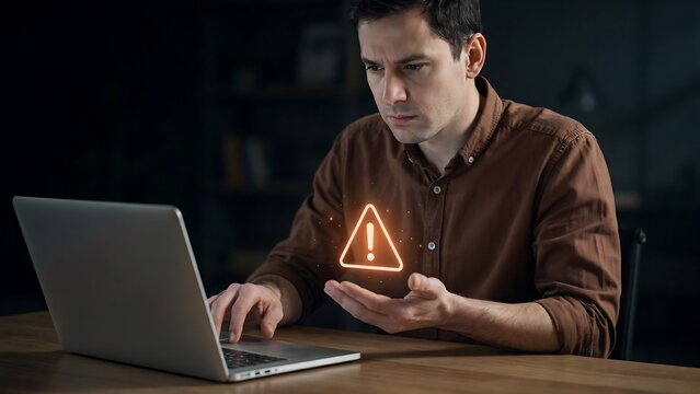 Man looking at glowing orange warning sign hologram while working on laptop in dark office room setting