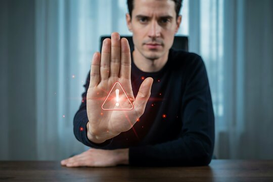 Serious man showing stop gesture with glowing red warning triangle hologram in office at wooden desk