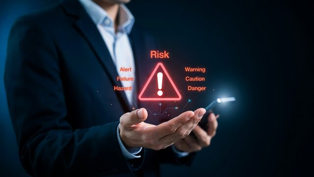Businessman holding digital risk warning icon with alert failure hazard caution danger text on dark background