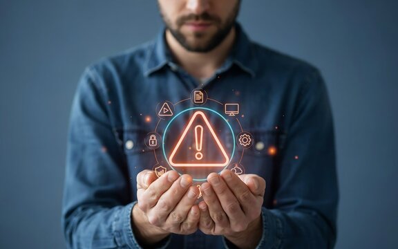 Man holding glowing orange warning triangle icon with digital security symbols on dark blue background surface