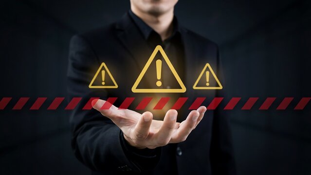 Businessman holding glowing yellow warning signs and red hazard stripes representing digital security risk and danger