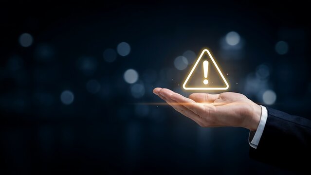 Glowing yellow warning sign icon floating above a business person hand against a dark blurred background