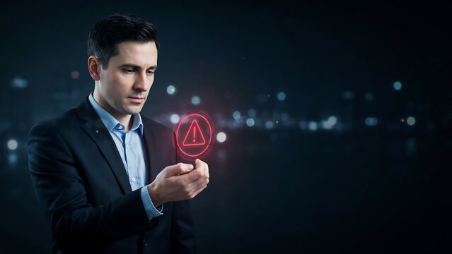 Businessman looking at glowing red warning sign hologram floating above his hands in dark office space