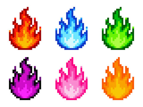 Pixel Art Set Collection of Colorful Fire Flame Sprite - Retro 8 Bit Game Illustration