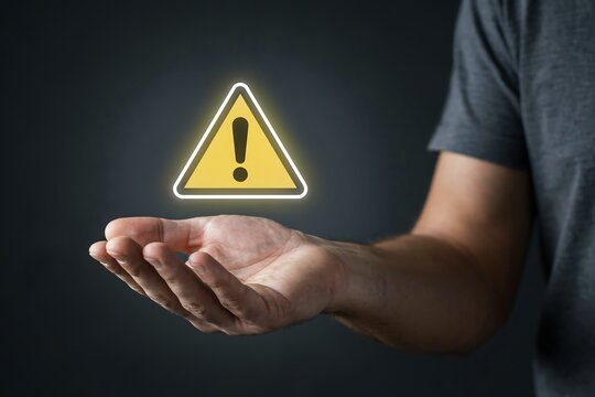 Yellow warning triangle icon floating above open human palm against a dark grey studio background