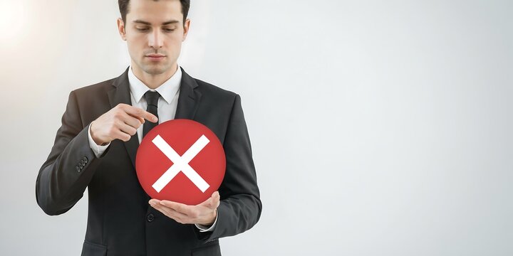 Businessman in suit pointing at red circle with white cross sign on plain light grey background