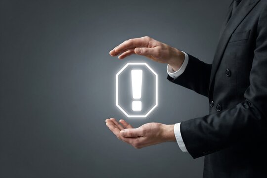 Businessman holding glowing exclamation mark icon between hands representing warning alert or important digital business notification