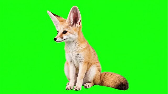 Fennec fox with oversized ears twitching and alert gaze on pure green screen, isolated desert wildlife animal for nature education and VFX compositing video footage