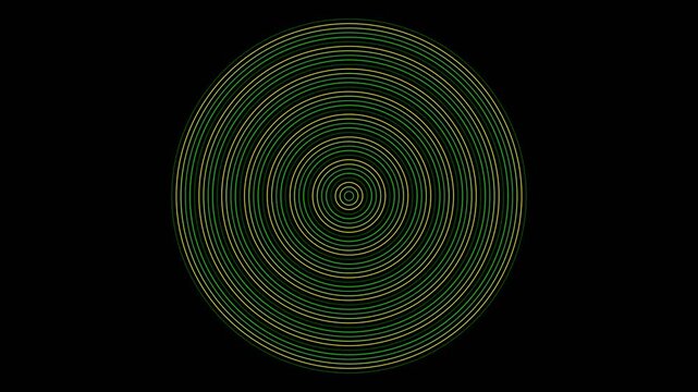 Abstract digital animation of rotating neon circles with green and yellow glowing dashed lines over a black background