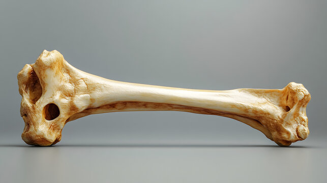 A detailed anatomical view of the femur, the longest bone in the human body, isolated on a neutral studio background with soft lighting highlighting its natural texture and structure.