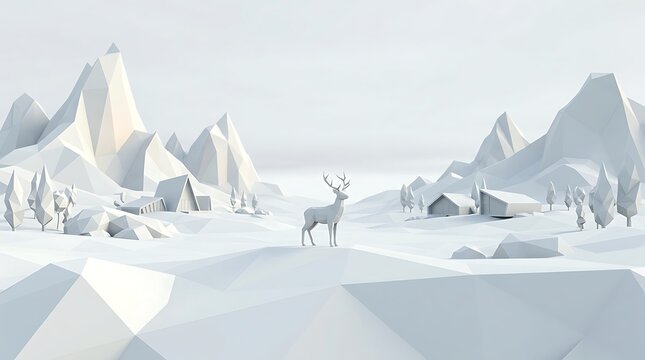 Low poly winter landscape with deer in a snowy forest and mountain background