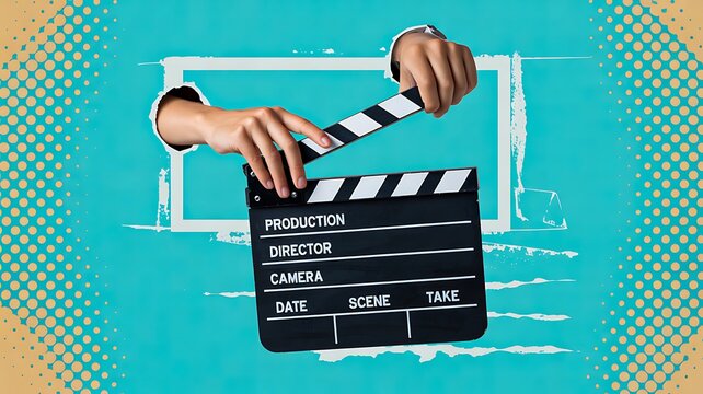 Hands holding a film clapperboard representing video production and filmmaking