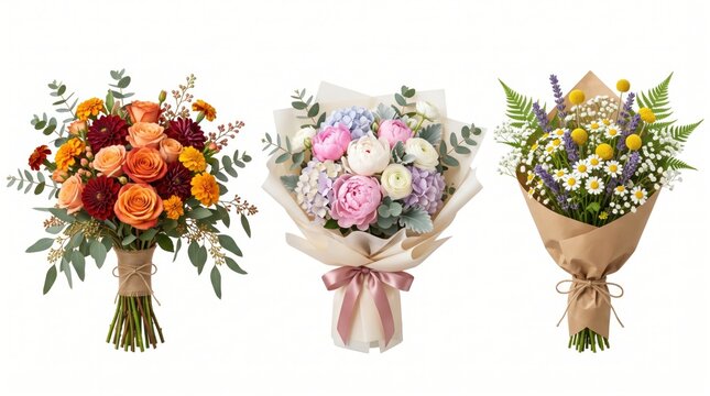 Three distinct floral bouquets featuring orange roses, pink peonies, and white daisies wrapped in paper, isolated on a white background