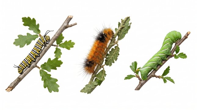 Three distinct caterpillars, a striped monarch, a fuzzy orange woolly bear, and a smooth green hornworm, crawling on small leafy oak twigs