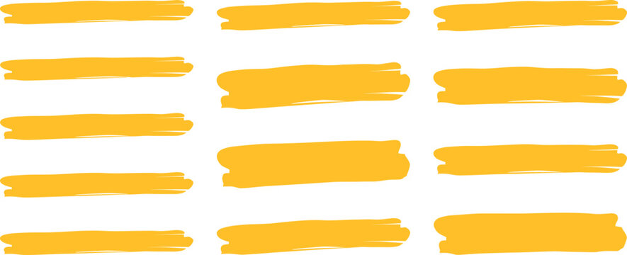Marker highlight text line set. Hand drawn marker highlight text line yellow stroke brush pen underline. Paper banner frame watercolor sharpie memo background. Vector