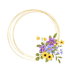 Gold wreath, floral frame with flowers. Hand painting golden greeting background. Digital illustration isolated on white background. © Larisa