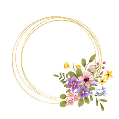 Gold wreath, floral frame with flowers. Hand painting golden greeting background. Digital illustration isolated on white background. © Larisa