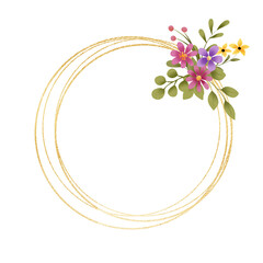 Gold wreath, floral frame with flowers. Hand painting golden greeting background. Digital illustration isolated on white background. © Larisa