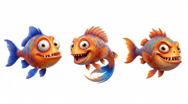 Three cartoon piranha fish with orange bodies, blue striped patterns, large eyes, and sharp teeth, isolated on a white background