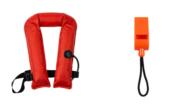 Red inflatable life vest isolated on transparent background