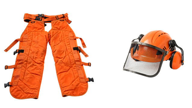 Protective chainsaw chaps and safety helmet isolated on transparent background