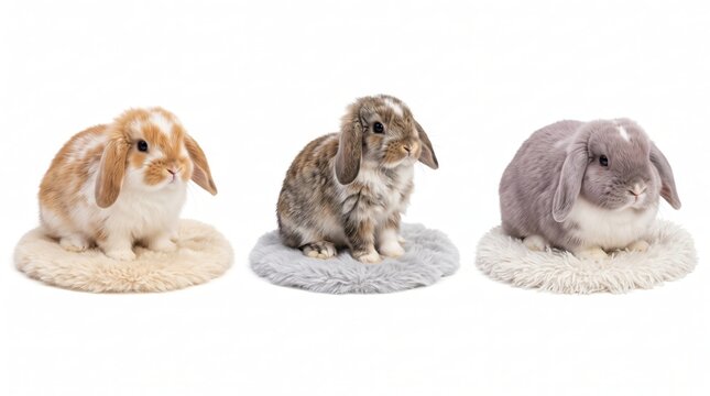Three lop-eared rabbits with different fur colors sitting on small, round, fluffy mats against a plain white background
