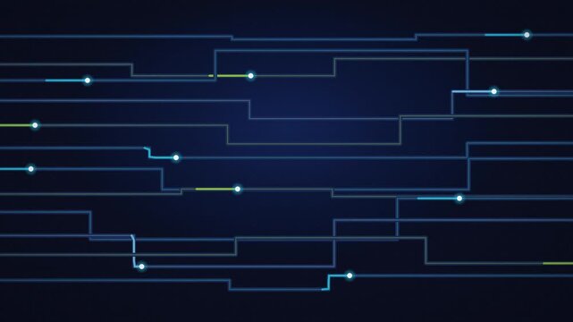 Glowing circuit traces with data packets flowing along microchip paths
