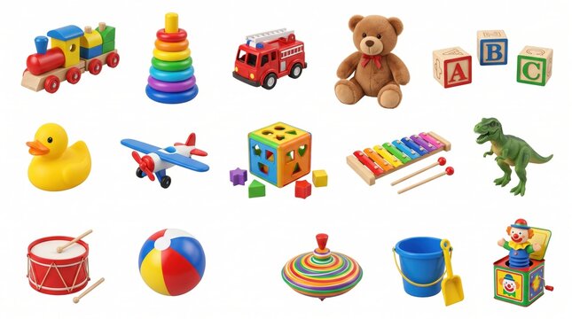 Collection of colorful children's toys including a wooden train, teddy bear, alphabet blocks, rubber duck, xylophone, and a toy fire truck