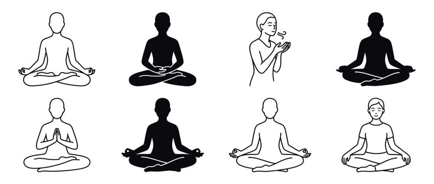 Meditation poses in silhouette style. Yoga postures and relaxation positions. Seated, standing, breathing, meditating, stretching, hands raised. Minimalist line art for wellness. Vector illustration.
