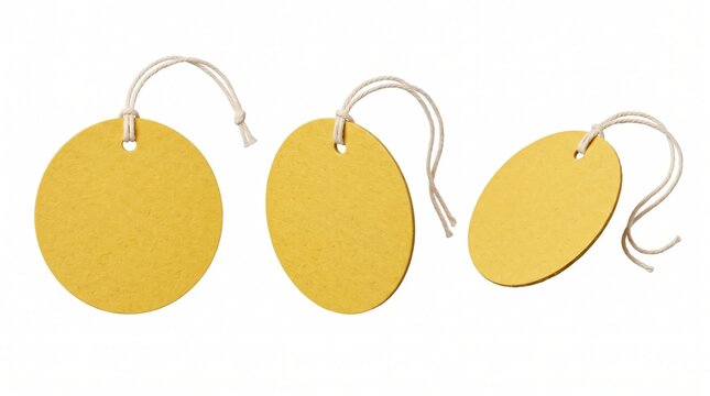 Three yellow circular paper gift tags with white string loops, isolated on a white background, blank cardboard labels for retail or crafts
