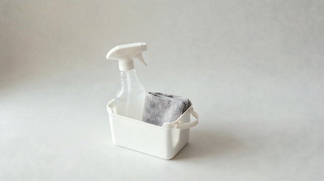 White cleaning caddy with a spray bottle and gray cloth