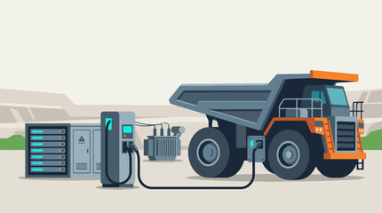 Electric Mining Dump Truck Charging at a Modern Industrial Station. © devirifta