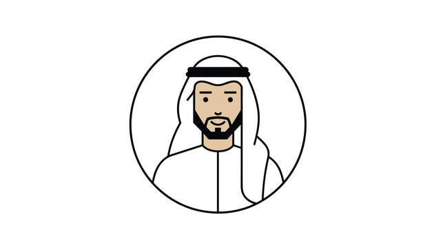 Profile avatar of an arab man wearing traditional dishdasha and ghutra headress in a circular frame minimalist vector illustration for social profiles.
