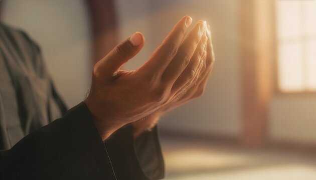 close-up shot from a slightly low angle of a Muslim person's open hands raised gently in personal prayer.