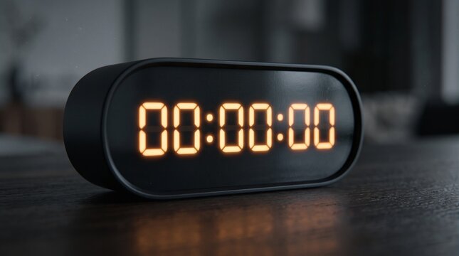 Modern digital clock displaying zero time on a dark wooden surface with soft background blur