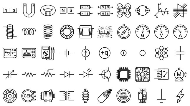 50 Electromagnetic Field and Physics Line Icons Featuring Magnets Coils Electric Fields and Editable Vector Strokes