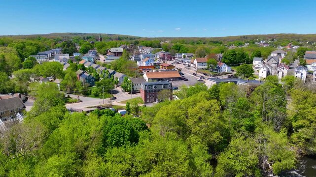 Woonsocket Main Street Historic District aerial view, including Main Street Bridge, Woonsocket Falls Dam and Market Square, downtown Woonsocket, Rhode Island RI, USA.