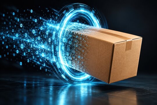Cardboard package flies through a glowing blue digital portal surrounded by binary code data.