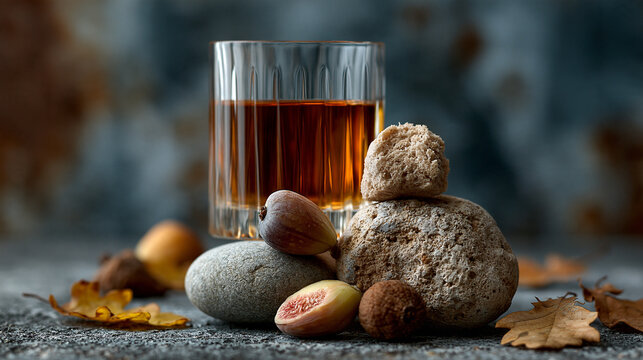 Amber whiskey served in a glass beside decorative stones and autumn fruits