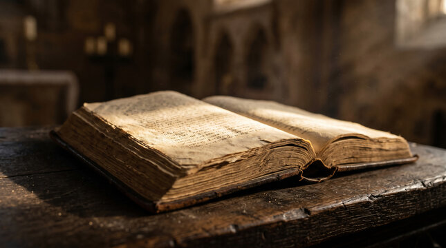 Ancient tome bathed in sunlight on a wooden surface