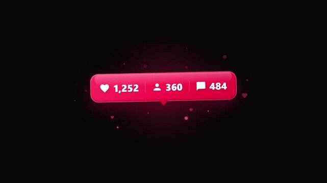 Social media notification bar like follower comment counters glowing red neon interface design with particles digital marketing motion graphics overlay