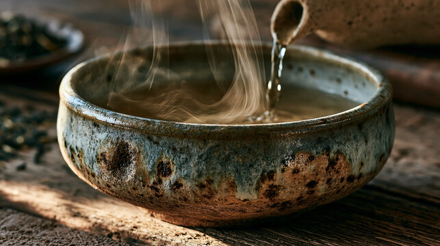 Steaming herbal infusion pouring into a rustic handmade ceramic bowl on wood table