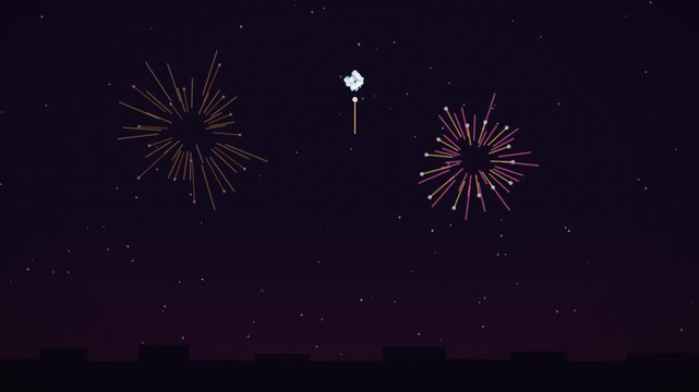 Colorful fireworks bursting over night skyline in seamless loop